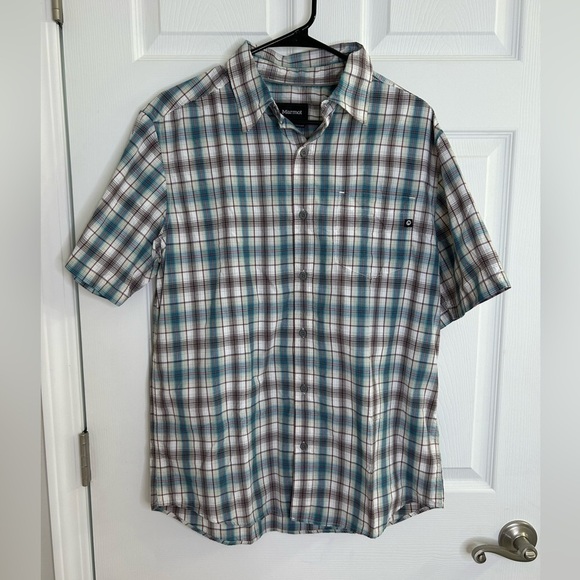 Marmot Shirt Men's Size M Blue White Red Plaid Button Down Short Sleeve - Picture 1 of 8